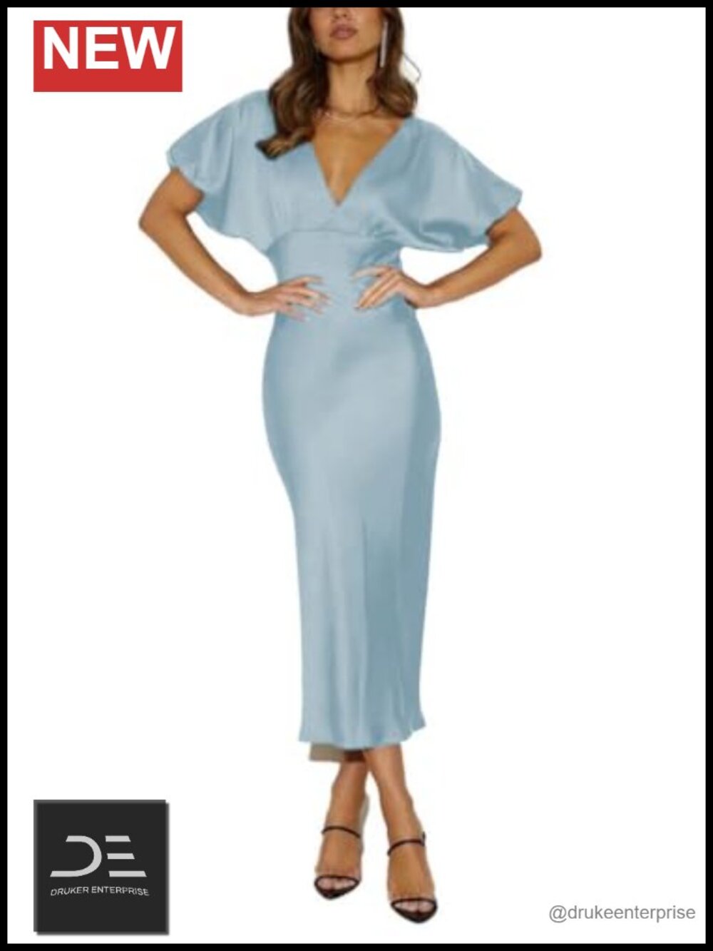 Satin V Neck Puffy Sleeves Midi Dress Wedding Guest